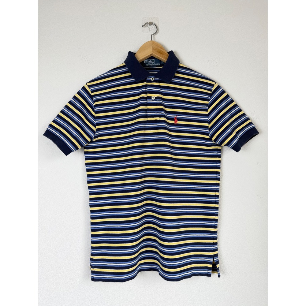 VTG Polo Ralph Lauren Mens Cotton Polo Shirt S Navy Yellow Striped 90s Red Pony